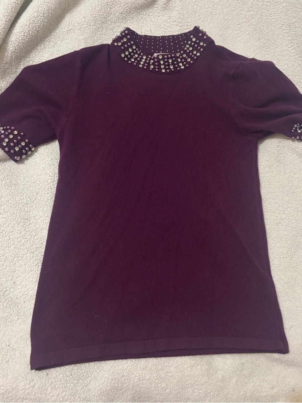 Embellished Short Sleeve Top in Deep Plum